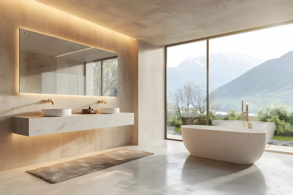 Bathroom with a floating double vanity, a backlit mirror and a freestanding tub beside a window wall