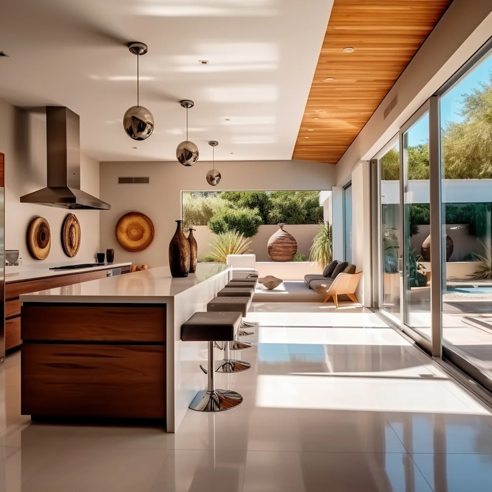 Rendering of a modern kitchen with a wood island, bar stools and a wall of glass doors