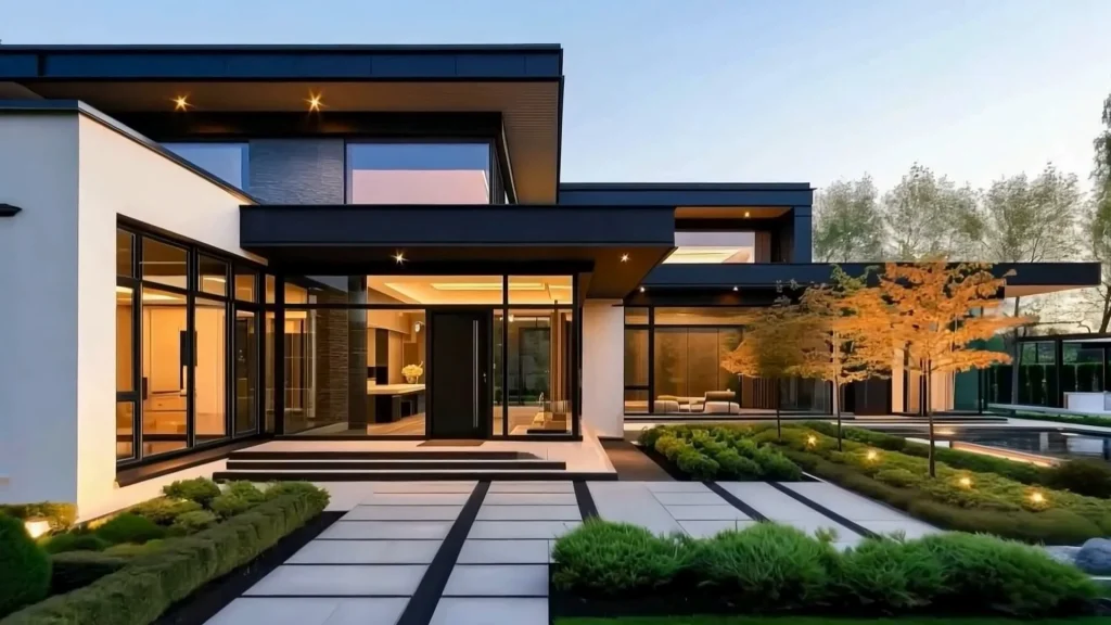 Modern two-story home with large windows and a landscaped front walk